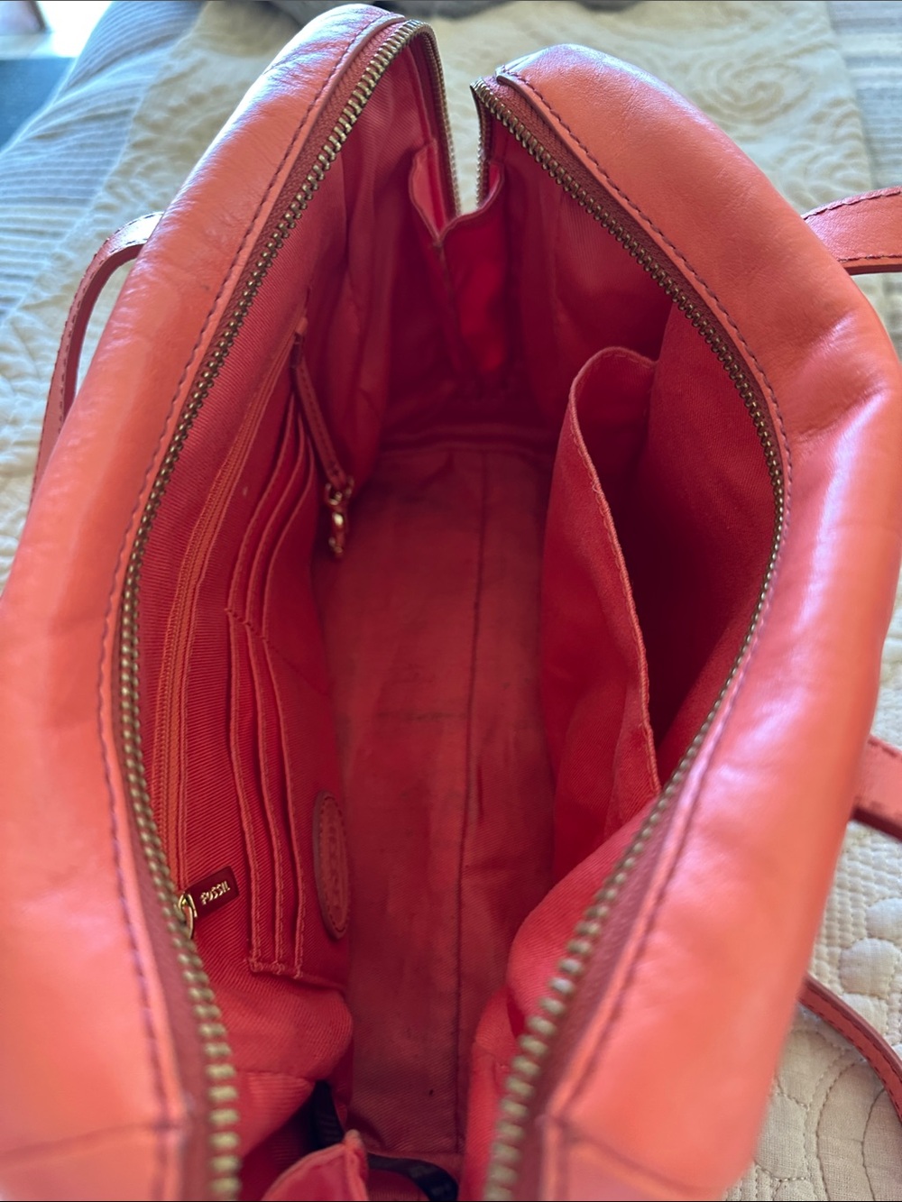 Fossil Coral-Orange Leather Satchel with Crossbody Strap - Picture 3 of 4